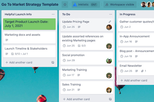 A view of a Trello board showcasing cards that might help organize go-to-market campaign launches.
