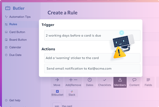 An image showing how to create automation rules on a Trello board
